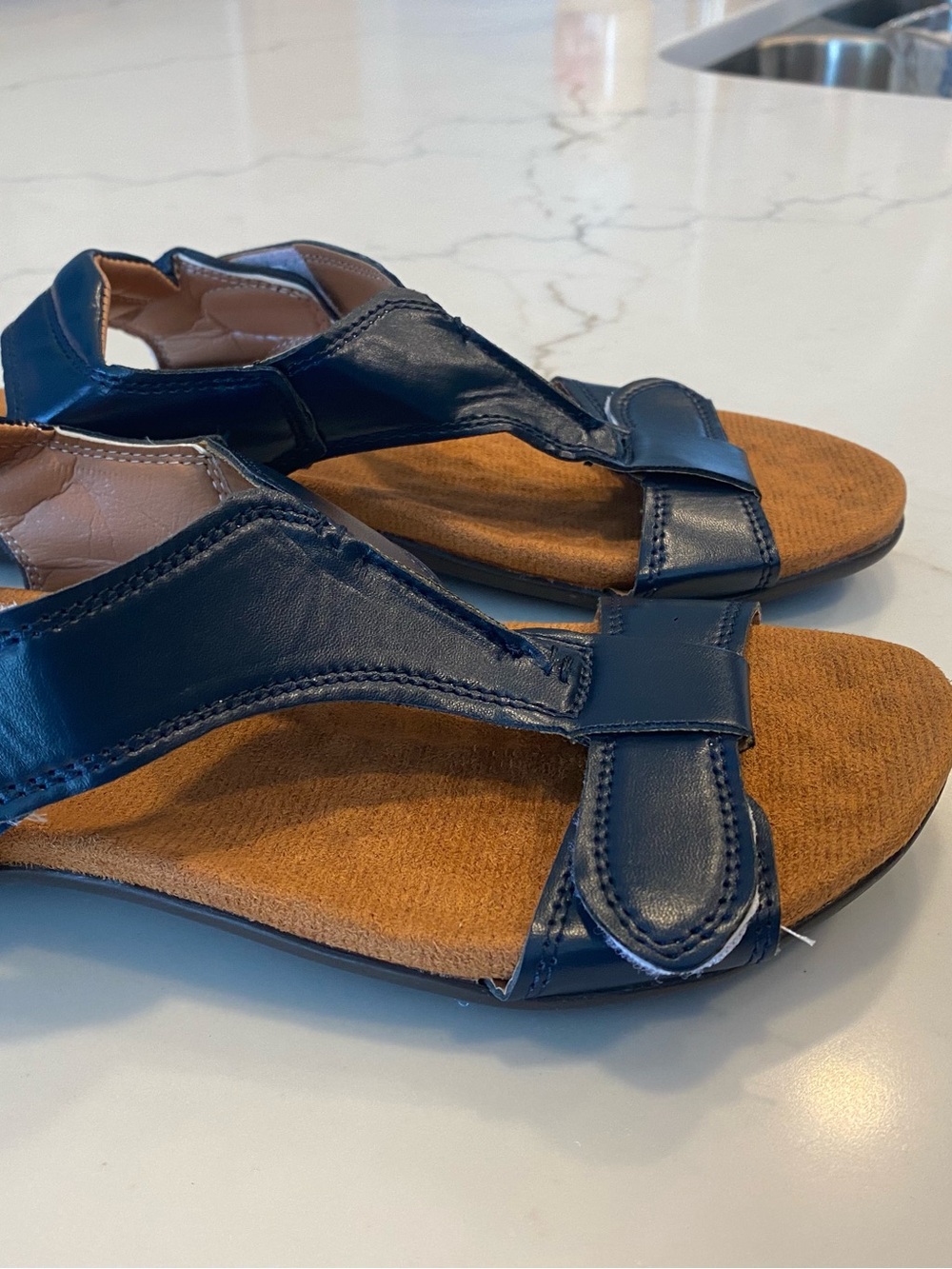 Women's Navy Leather T-Strap Sandals